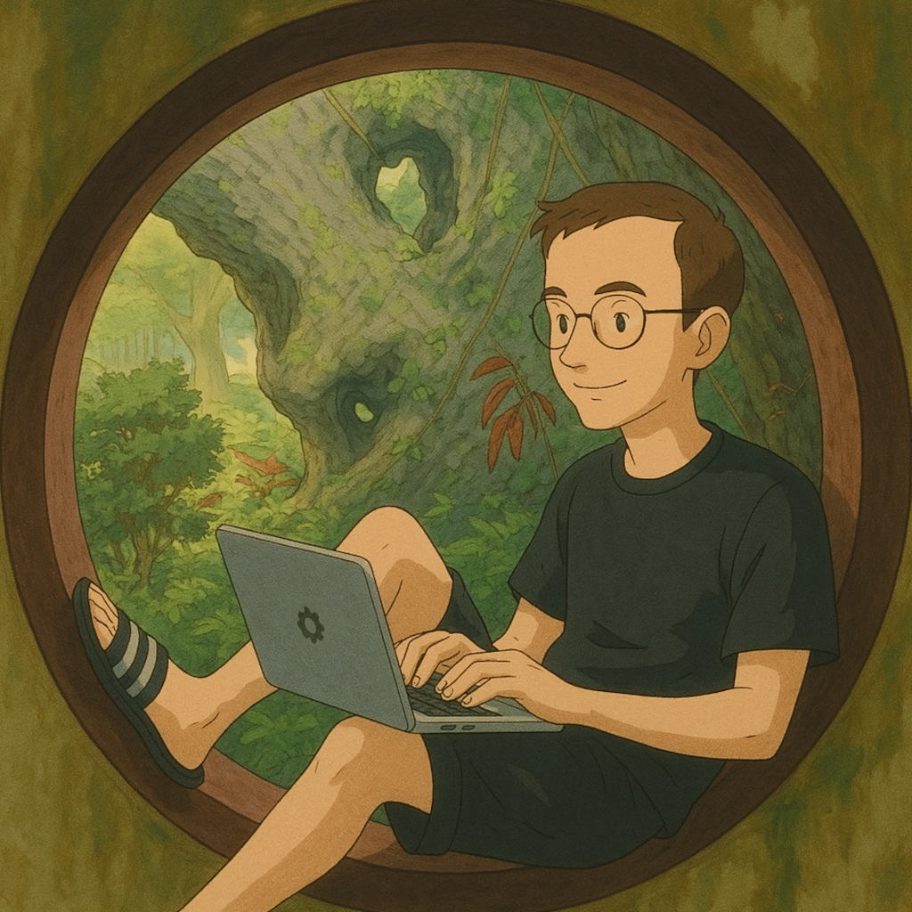 Man with glasses and a laptop sitting in a round wall cutout. Forest visible in background. AI-generated Studio-Ghibli style.